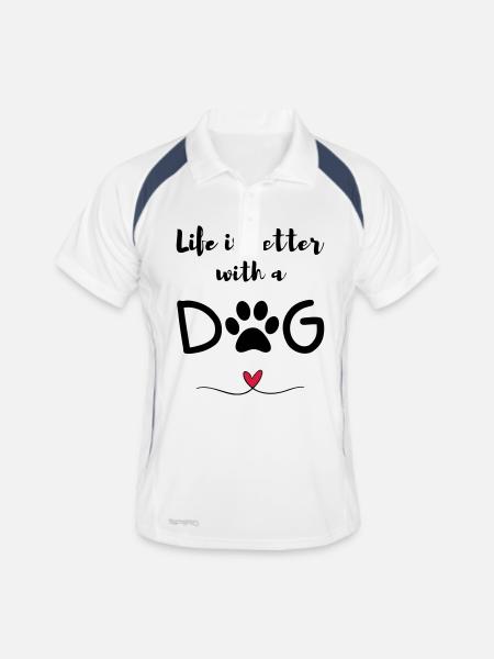Life is better with a Dog – Spruch, Herz und Pfote - Männer Polo atmungsaktiv - Weiß/Navy - Vorne