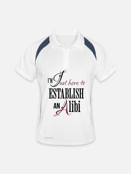 Ich bin nur hier, um ein Alibi zu etablieren Lustiger Spruch - Männer Polo atmungsaktiv - Weiß/Navy - Vorne