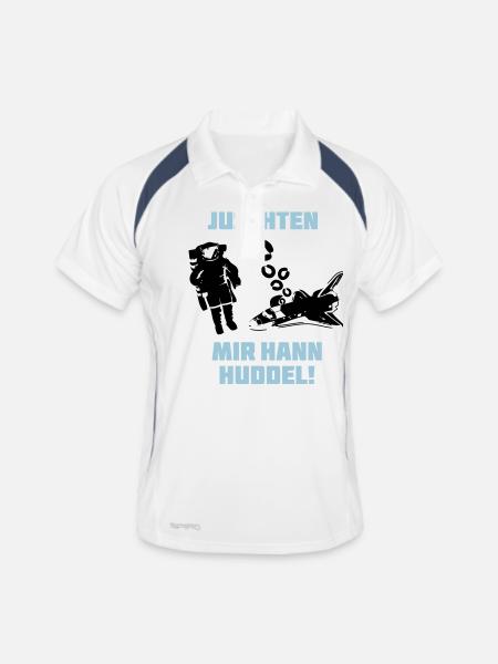 Juschten - Mir hann huddel! - Männer Polo atmungsaktiv - Weiß/Navy - Vorne
