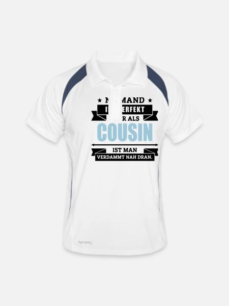 Funshirt Cousin - Männer Polo atmungsaktiv - Weiß/Navy - Vorne