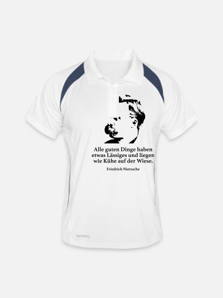 Nietzsche: Alle guten Dinge haben etwas Lässiges - Männer Polo atmungsaktiv - Weiß/Navy - Vorne