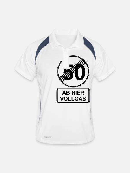 50. Geburtstag - Ab hier Vollgas Verkehrsschild - Männer Polo atmungsaktiv - Weiß/Navy - Vorne