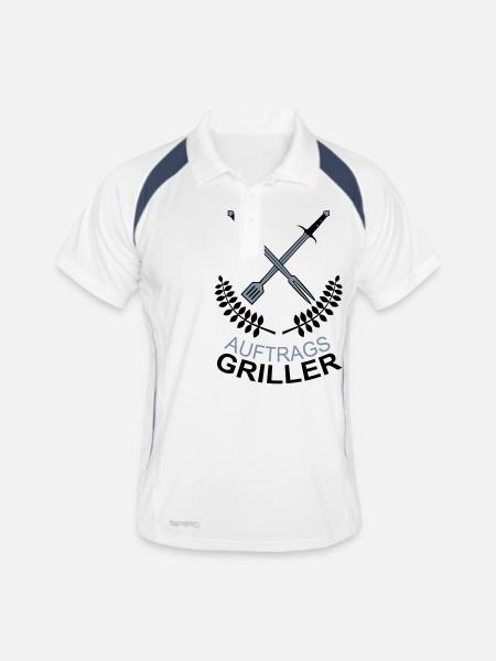 Auftragsgriller Grill Meister BBQ Profi Fleisch - Männer Polo atmungsaktiv - Weiß/Navy - Vorne