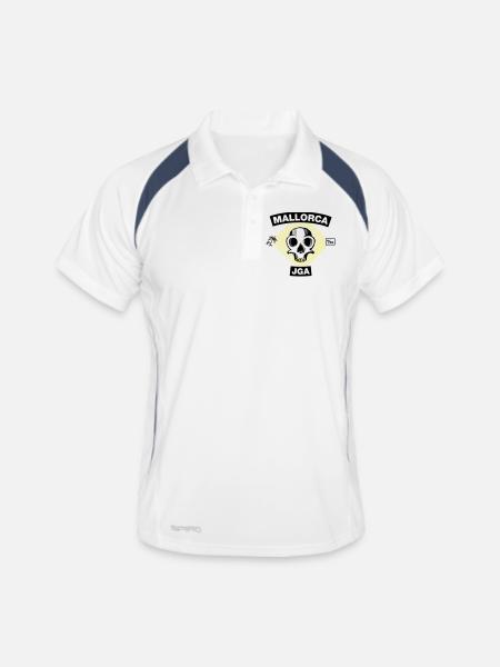 Mallorca – JGA unter Palmen - Männer Polo atmungsaktiv - Weiß/Navy - Vorne