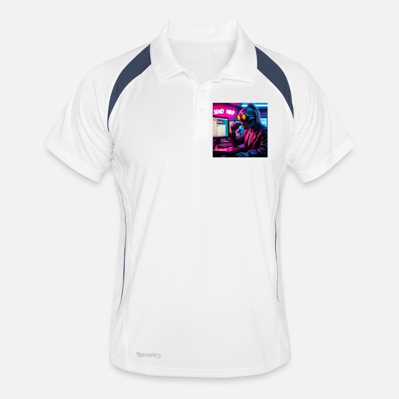 Cyberpunk Neon-Skull Hacker Send Help Design - Männer Polo atmungsaktiv - Weiß/Navy