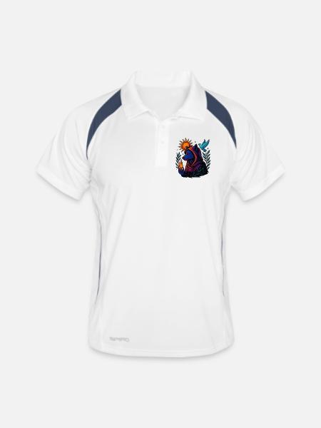Flamme des Geistes – Kosmische Wolfskunst - Männer Polo atmungsaktiv - Weiß/Navy - Vorne