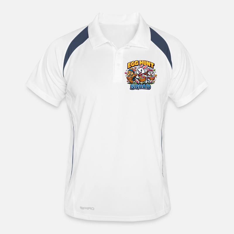 Cute Easter bunny with colorful egg and lettering Men's Polo breathable