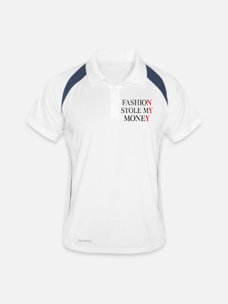 Die Mode hat mein Geld gestohlen - Männer Polo atmungsaktiv - Weiß/Navy - Vorne