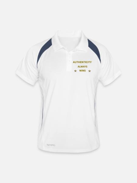 L’AUTHENTICITÉ GAGNE TOUJOURS – Citation motivationnelle en or - Polo respirant Homme - blanc/marine - Devant