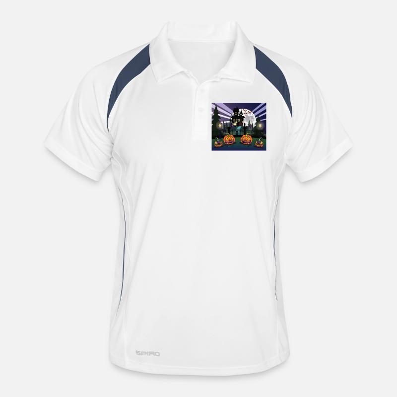 Haunted mansion with a cemetery on Halloween night. Men's Polo breathable