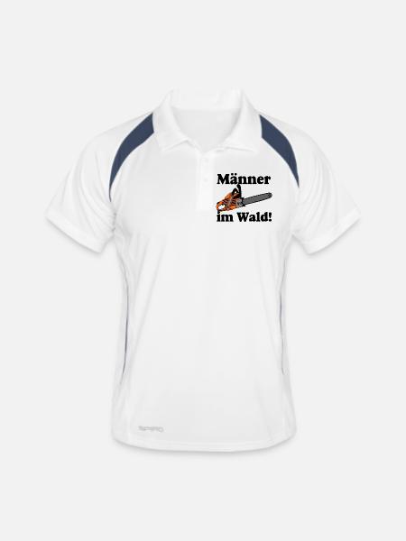 Motorsäge , Kaminholz , Männer im Wald(25) - Männer Polo atmungsaktiv - Weiß/Navy - Vorne