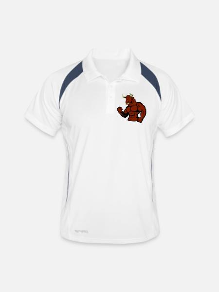Muskulöser Bulle Stier - Männer Polo atmungsaktiv - Weiß/Navy - Vorne