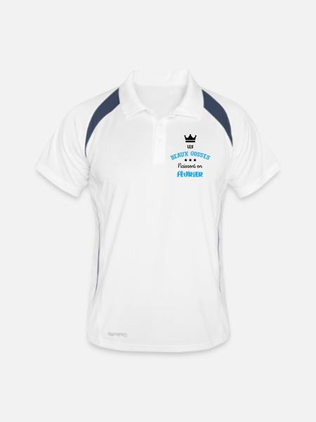 Cadeau naissance bébé garçon Février Beaux Gosses - Polo respirant Homme - blanc/marine - Devant