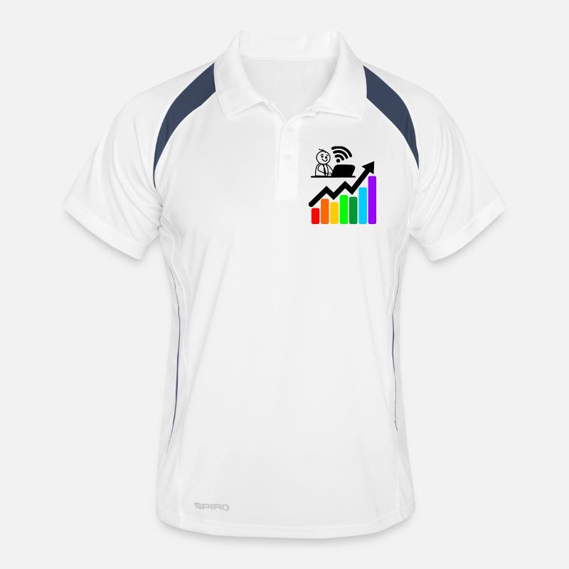 Colored chart happy young man on laptop Men's Polo breathable