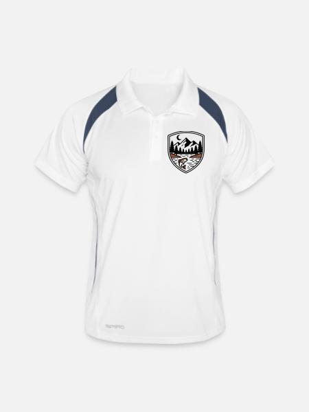 Berge Wald Fisch Schild Logo - Männer Polo atmungsaktiv - Weiß/Navy - Vorne