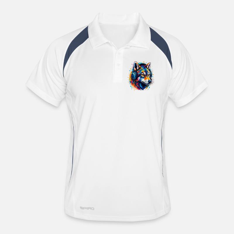 Fuchs mit Neon Kopfhörer Kunst - Männer Polo atmungsaktiv - Weiß/Navy