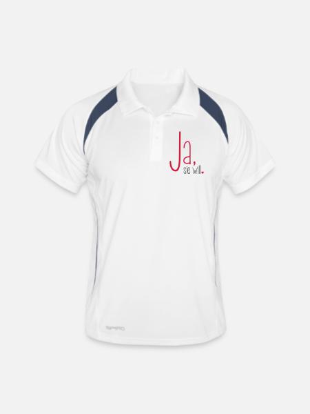 Ja sie will Junggesellin Junggesellenabschied - Männer Polo atmungsaktiv - Weiß/Navy - Vorne
