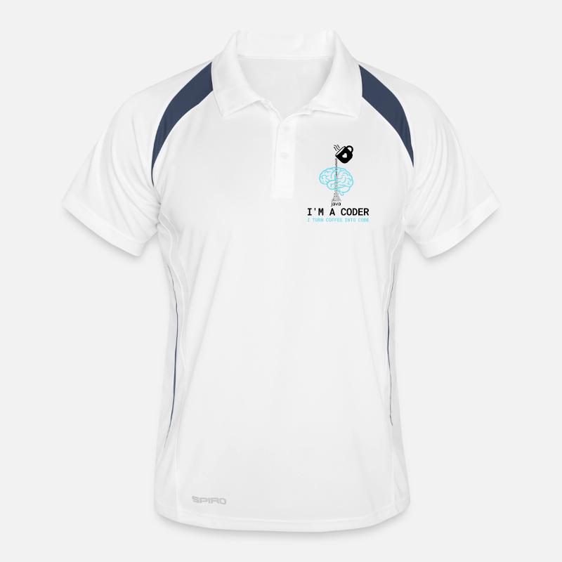 T-shirt Coder : Du café dans le code – Nerdy Programmie - Polo respirant Homme - blanc/marine