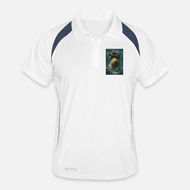 Wikingerkrieger auf Eisbär – Fa-Illustration - Männer Polo atmungsaktiv - Weiß/Navy