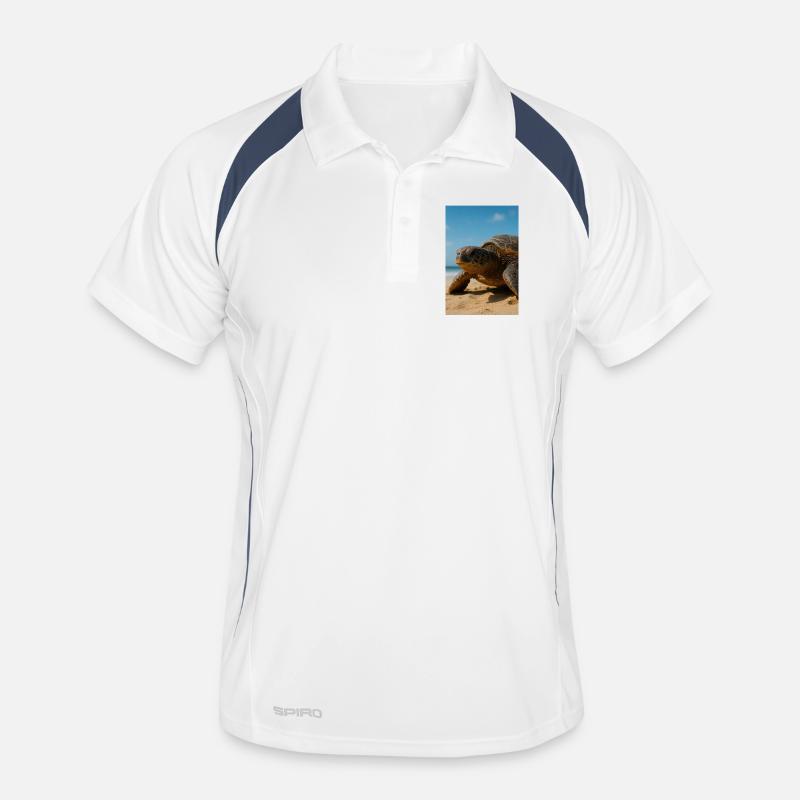 Sunny sea turtle on beach Men's Polo breathable