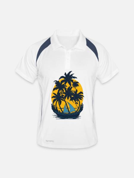 Sonnenuntergang am Palmenboot - Männer Polo atmungsaktiv - Weiß/Navy - Vorne