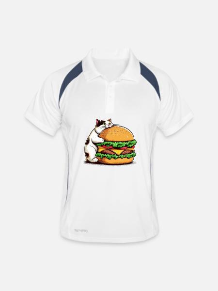 Chat gourmand et hamburger - Polo respirant Homme - blanc/marine - Devant