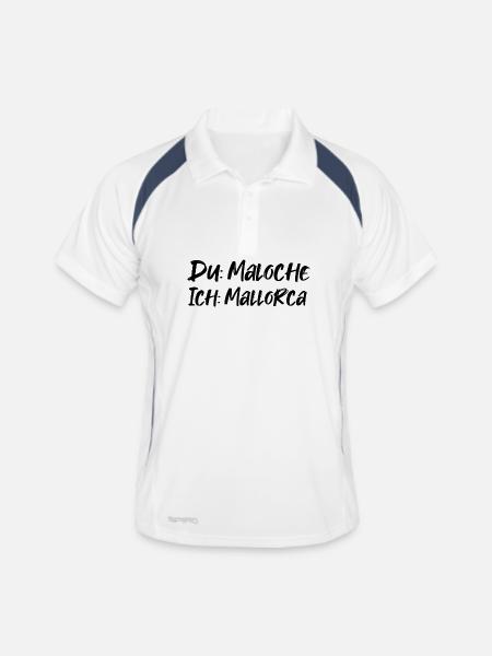 Du: Maloche Ich: Mallorca - Männer Polo atmungsaktiv - Weiß/Navy - Vorne