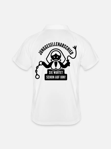 Junggesellenabschied – Sie Wartet Schon Auf Ihn! - Männer Polo atmungsaktiv - Weiß/Navy - Hinten
