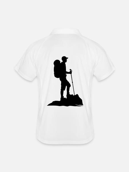 Wanderfreude - Wanderer auf Aussichtspunkt - Männer Polo atmungsaktiv - Weiß/Navy - Hinten