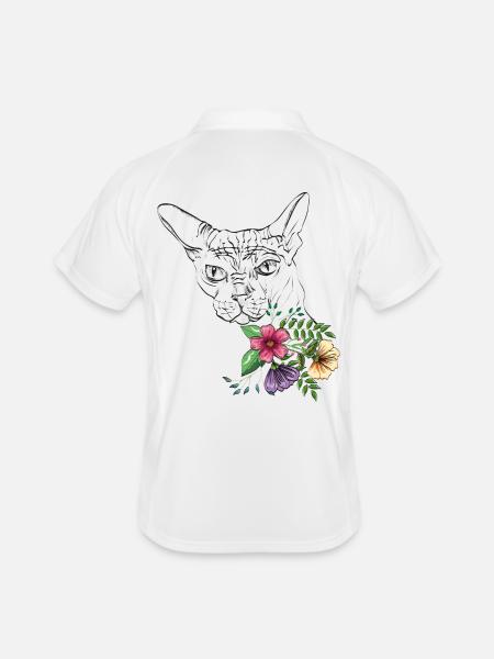 Katze mit Blumen - Männer Polo atmungsaktiv - Weiß/Navy - Hinten