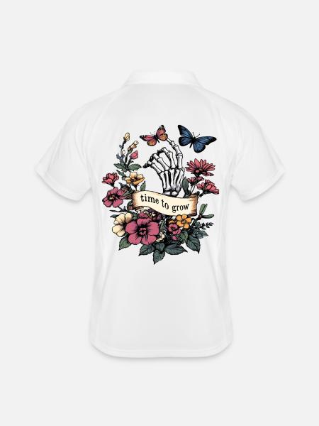time to grow - Skelett schmetterlinge & Blumen - Männer Polo atmungsaktiv - Weiß/Navy - Hinten