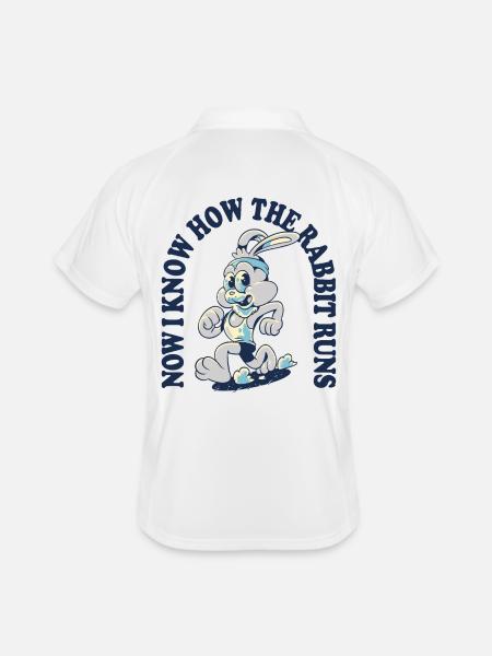 Now I Know How the Rabbit Runs – Denglisch Spruch - Männer Polo atmungsaktiv - Weiß/Navy - Hinten