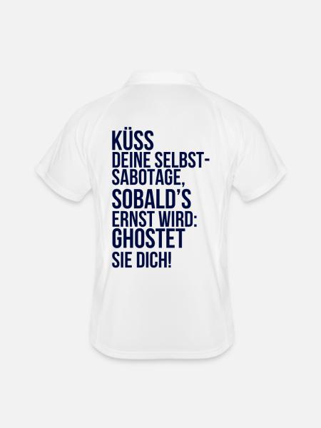 about going wild: Küsse deine Selbstsabotage - Männer Polo atmungsaktiv - Weiß/Navy - Hinten