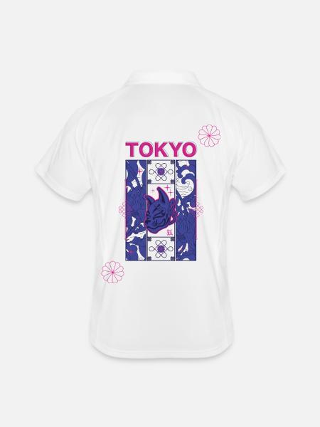 Tokyo Neon Kitsune-Design - Männer Polo atmungsaktiv - Weiß/Navy - Hinten