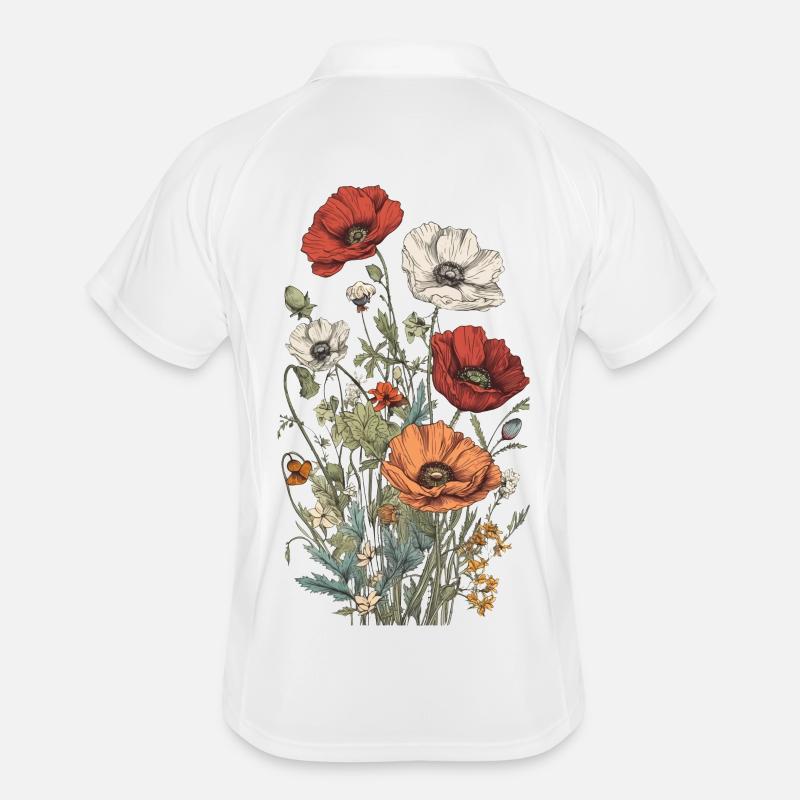 Wunderschönes Boho Mohn Herbarium Bouquet - Männer Polo atmungsaktiv - Weiß/Navy