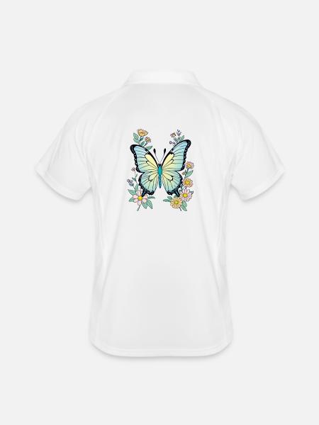 Schmetterling blau mit Blumen, Butterfly - Männer Polo atmungsaktiv - Weiß/Navy - Hinten