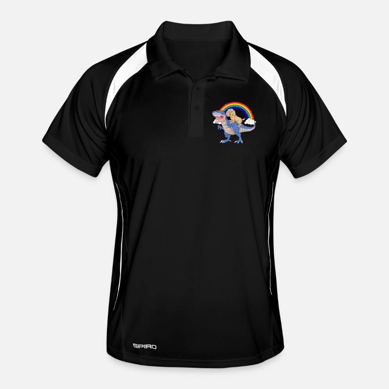 Whimsical Dinosaur and Golden doodle Under Rainbow Men's Polo breathable