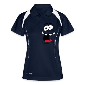 rire visage fou fou fou fou idiot drôle grimace id - Polo respirant Femme - marine/blanc - Devant