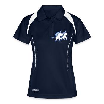 2 Einhörner Team reiten schnell Galopp Freude Crew - Frauen Polo atmungsaktiv - Navy/Weiß - Vorne