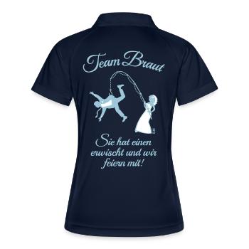 Team Braut Ehemann Angeln + Spruch (JGA / 2C) - Frauen Polo atmungsaktiv - Navy/Weiß - Hinten