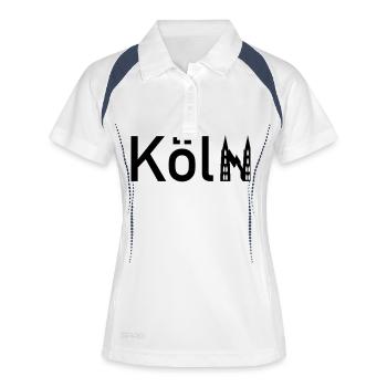 Köln Ortsschild Skyline mit Kölner Dom - Frauen Polo atmungsaktiv - Weiß/Navy - Vorne