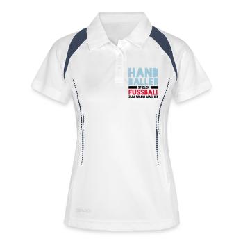 Handballer spielen Fussball zum Warm machen - Frauen Polo atmungsaktiv - Weiß/Navy - Vorne