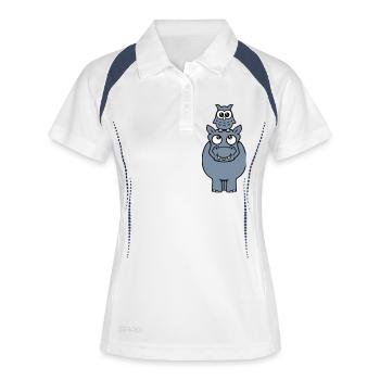 Eule sitzt auf Nilpferd lustige 2 Freunde reiten - Frauen Polo atmungsaktiv - Weiß/Navy - Vorne
