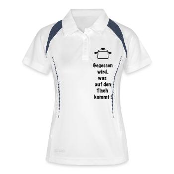 Gegessen wird was auf den Tisch kommt Kochschürze - Frauen Polo atmungsaktiv - Weiß/Navy - Vorne