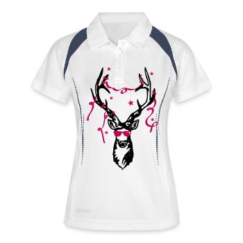 Hirsch - Partyhirsch - Hirschkopf - Sonnenbrille - Frauen Polo atmungsaktiv - Weiß/Navy - Vorne