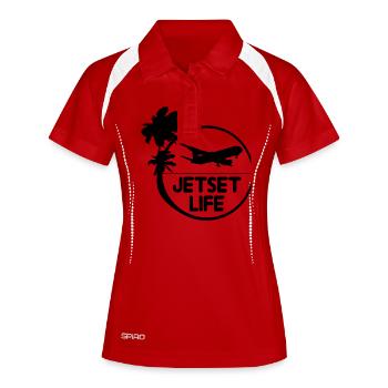 insel palmen meer sonne jetset stempel kreis rund - Frauen Polo atmungsaktiv - Weiß/Navy - Vorne