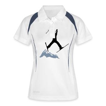 ski jump / ski jumper mountains - Frauen Polo atmungsaktiv - Weiß/Navy - Vorne
