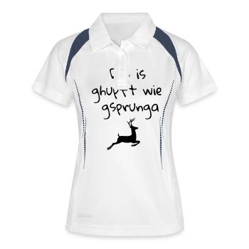 Bavarian "Des is ghupft wie gsprunga" - Frauen Polo atmungsaktiv - Weiß/Navy - Vorne