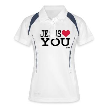 jesus loves you - Frauen Polo atmungsaktiv - Weiß/Navy - Vorne