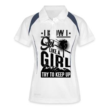 Ski like a girl -Try to keep up- Ski fahren Humor - Frauen Polo atmungsaktiv - Weiß/Navy - Vorne